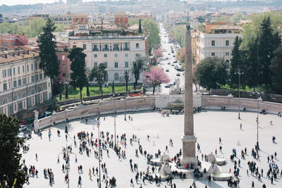 High angle view of people on street