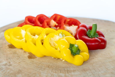 High angle view of bell peppers on table