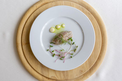 High angle view of food in plate on table