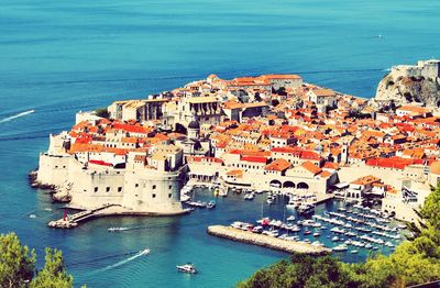 High angle view of buildings in sea