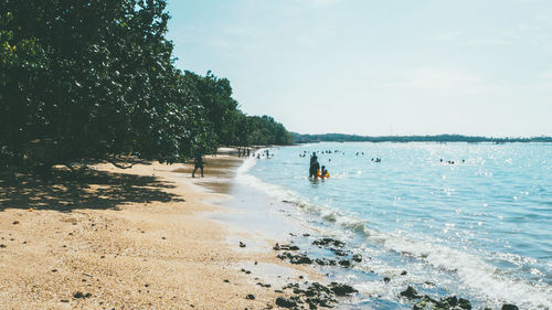 People on beach against sky