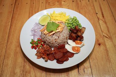 High angle view of meal served on table