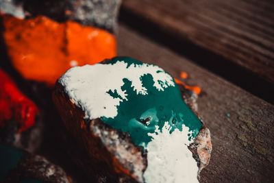 High angle view of fire on table