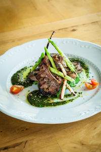 High angle view of food in plate on table