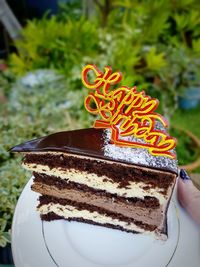 Close-up of hand holding cake