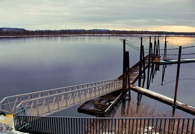 High angle view of pier on lake against sky