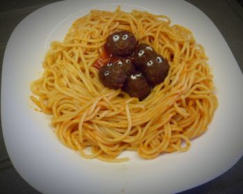 High angle view of noodles served in plate