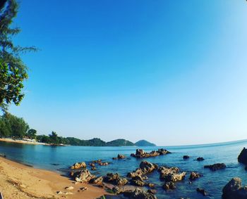 Scenic view of sea against clear blue sky