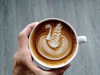 Close-up of human hand holding frothy drink on table