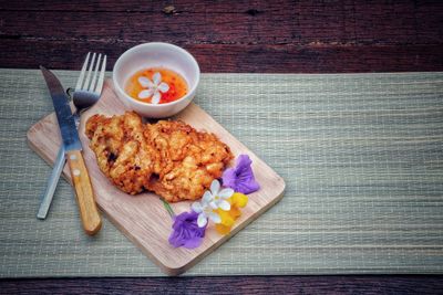 High angle view of breakfast on table