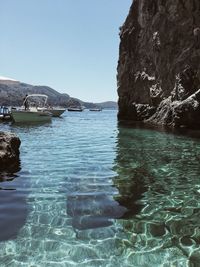 Scenic view of bay against clear sky