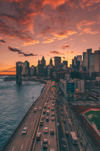 Aerial view of modern buildings against sky during sunset