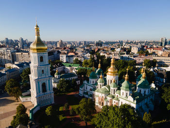 High angle view of buildings in city