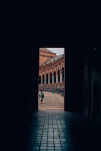 Entrance of historic building at night