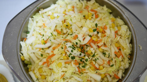 High angle view of rice in bowl on table