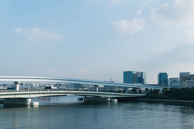 Bridge over river by office buildings against sky