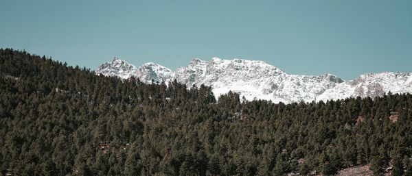 Scenic view of snowcapped mountains against clear sky