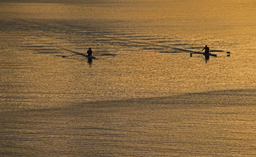 Silhouette people on boat in sea during sunset