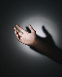 Close-up of person hand against white background