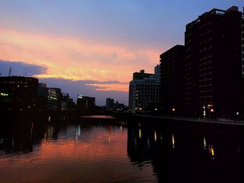 River with buildings in background at sunset