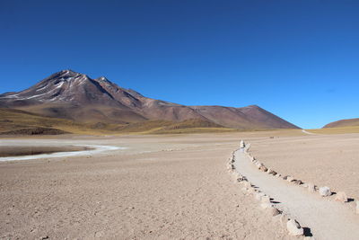 Scenic view of desert against clear blue sky