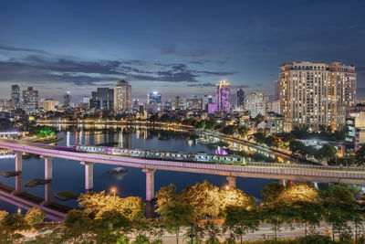 Illuminated buildings in city