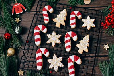 High angle view of christmas decorations on table