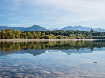 Scenic view of lake by trees against sky