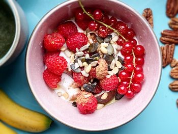 High angle view of strawberries in bowl