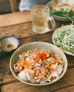 High angle view of food in bowl on table