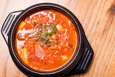 High angle view of food in bowl on table