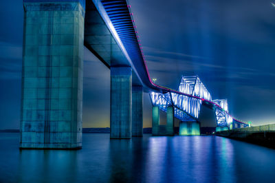 Illuminated bridge over river in city at night