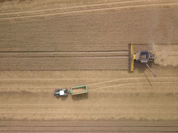 Directly above shot of combine harvester on field