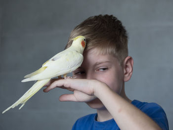 Portrait of boy holding bird