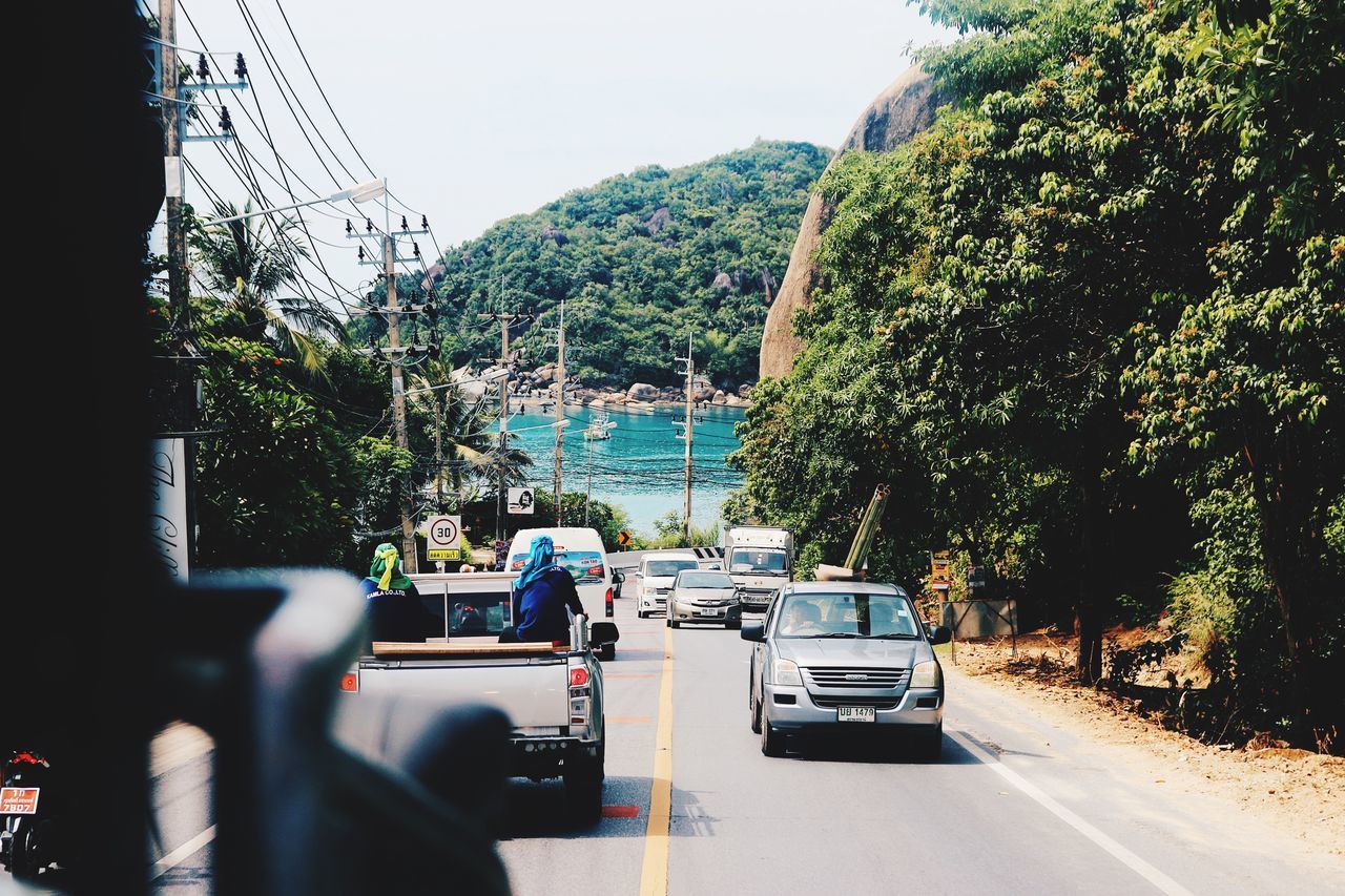 CARS ON ROAD BY TREES AGAINST SKY