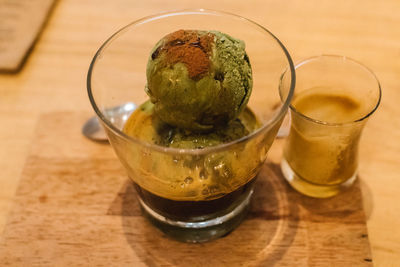 High angle view of drink in glass on table