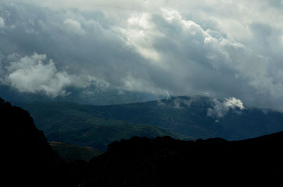 Scenic view of mountains against sky at night