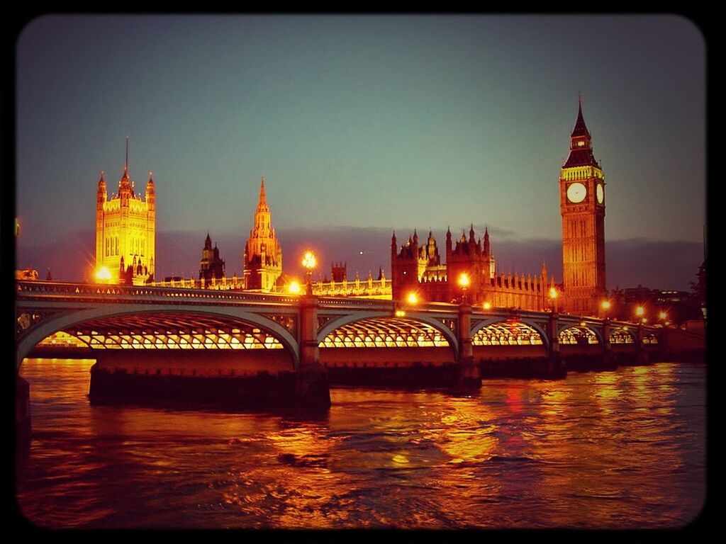 architecture, built structure, building exterior, connection, water, river, illuminated, transfer print, bridge - man made structure, waterfront, bridge, reflection, travel destinations, famous place, sunset, city, auto post production filter, clear sky, international landmark, night