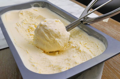 High angle view of ice cream in bowl on table