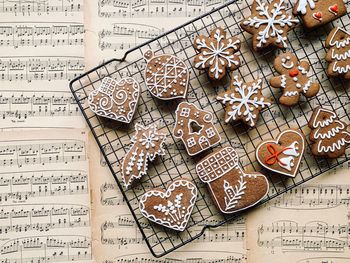 High angle view of cookies on table