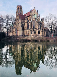 Reflection of building in lake against sky