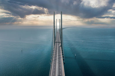 Panoramic view of oresund bridge during sunset over the baltic sea