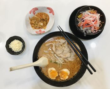 High angle view of meal served on table