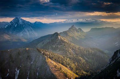 Panoramic view of snowcapped mountains against sky during sunset