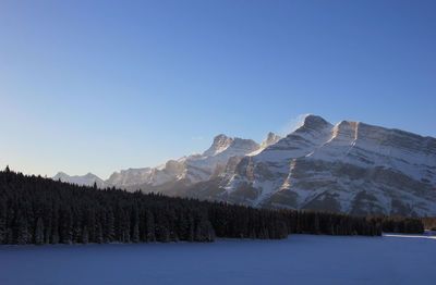 Scenic view of snow mountains against clear blue sky