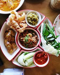 High angle view of meal served on table