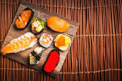 High angle view of sushi served in tray