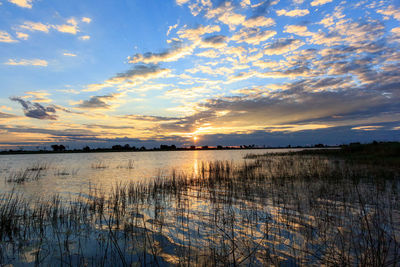 Scenic view of lake against sky during sunset