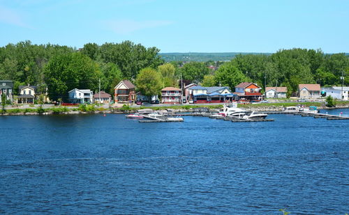 Boats moored by trees against sky