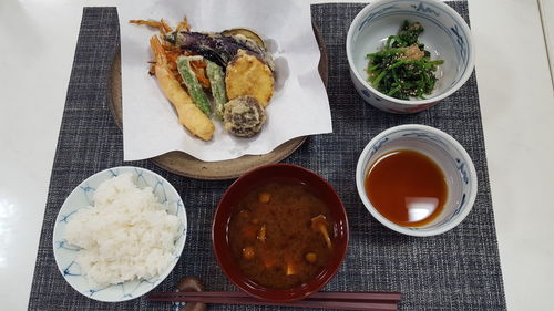 High angle view of meal served on table